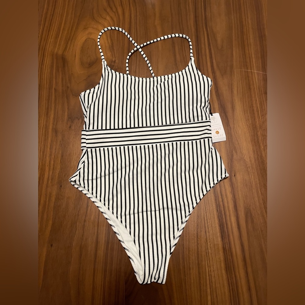 One Piece Black and White Stripe Swimsuir